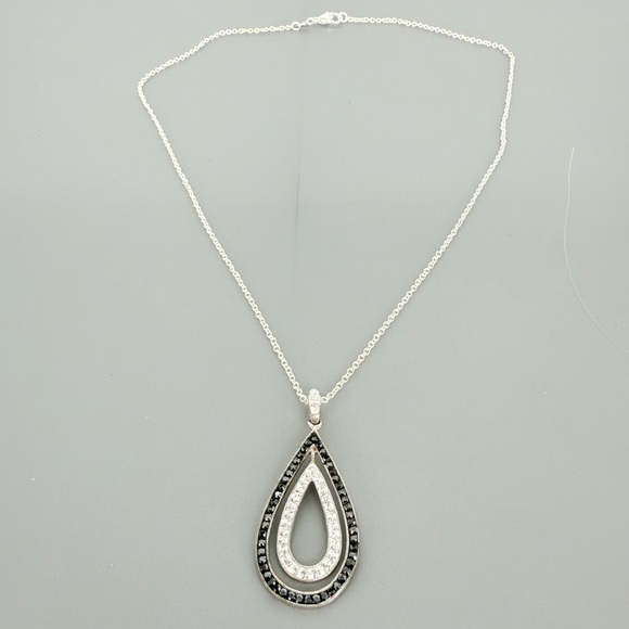 Black and Clear Rhinestone on Sterling Silver Tear-Drop Pendant‎ Necklace 18" - Picture 1 of 8